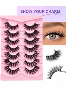 Sibeuna 7 Pairs Faux Mink Eyelashes False Eyelashes Crossed Natural Makeup Thick Dramatic Messy Eye 3D Curly Eyelashes - Black - View 2