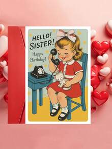 OBOVAY 1pc "Hello! Sister! Happy Birthday!" Retro Birthday Card With Envelope, Vintage Girl & Cat Design, Sweet Nostalgic Greeting For Sisters, Suitable For Birthdays & Celebrations, Blank Inside - New Arrival - View 1