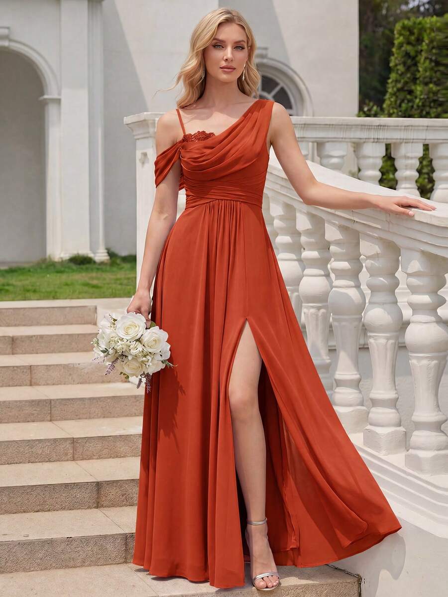 EVERPRETTY Elegant Romantic Bridesmaid Maxi Dress, Asymmetric One Shoulder Draped Neckline, Suitable For Autumn Vacation Party Wedding Guest Attire