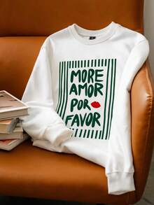1 pieza Sudadera holgada de moda con cuello redondo y manga larga para mujer, estilo INS con estampado divertido de rayas en inglés "MORE AMOR POR FAVOR", capa base para otoño/invierno, prenda exterior, top Y2K para mujer - Blanco - Ver 1