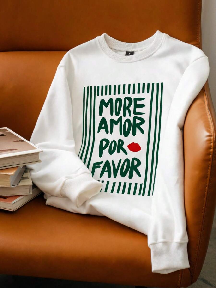 1 pieza Sudadera holgada de moda con cuello redondo y manga larga para mujer, estilo INS con estampado divertido de rayas en inglés "MORE AMOR POR FAVOR", capa base para otoño/invierno, prenda exterior, top Y2K para mujer - Blanco - Ver 1