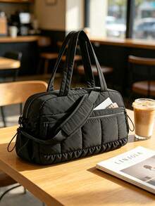 Travel Bag With Quilted Plaid Pattern, Ruched Hem And Metal Zipper Decor, Handheld And Crossbody Multi-Compartment Storage For Clothes And Digital Accessories, Zipper Closure, Minimalist Puff Style, Travel And Gym Bag, Unisex Short Trip, Sports And Commute, Practical Luggage Bag - Black - View 5