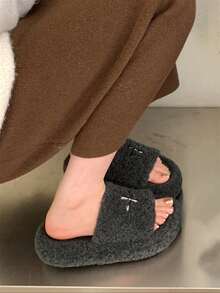 女款冬季新款厚底毛毛拖鞋，戶外穿著，秋季新款仙女風小巧鬆弛增高拖鞋，春夏/秋季室內居家辦公拖鞋，4CM - 灰色 - 查看 2