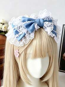 1件裝 藍色緞面蝴蝶結優雅蕾絲寬版髮箍 日系蘿莉塔風時尚 Cosplay 女用髮飾，萬聖節適用 - 淺藍色 - 查看 3