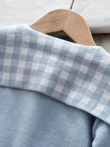 bearleader Autumn/Winter Girls Knit Set, Plaid Large Lapel Front Button Sweater With Pockets, Grey Skirt, British Academy Style - Blue - View 5