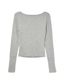 Waist-Cinched Slim Fit V-Neck Korean Style Lazy Slimming Long Sleeve Base Layer T-Shirt - Light Grey - View 2