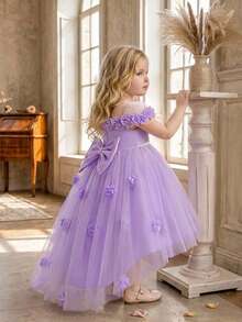 Baby Girls 3D Floral Mesh Bow Cute Party Dress, Suitable For 1st Birthday Flower Girl, Headband Not Included - Mauve Purple - View 3