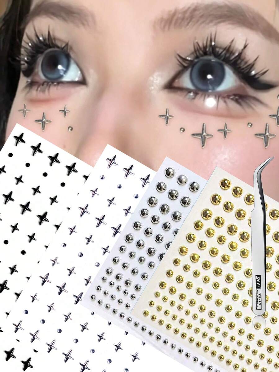 2/4 Sheets Black Silver Cross Round Dot Face Stickers Eye Nail Gem Decals Self-Adhesive Sticker For Music Festival Y2K Party Makeup Body Decor Concert Look Face Gems - Multicolor - View 1