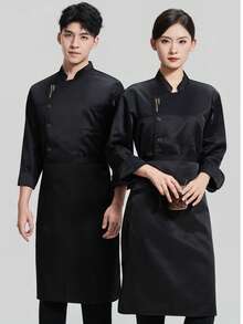 New Unisex Long Sleeve Letter Embroidery Stand Collar Banquet Chef Uniform Workwear - Black - View 4