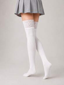 2/4 Pairs White Over-Knee Socks With Lace Patchwork – Solid Versatile Style. Great With Skirts, Boots & Casual Looks. - Multicolor - View 4