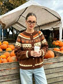 Autumn/Winter Halloween Pumpkin Pattern Knit Cardigan, Loose Fit Slimming Round Neck Button Sweater Jacket For Women - Multicolor - View 6