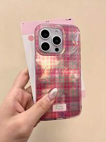 Vintage Rose Pink Plaid Glacier Phone Case, Compatible With IPhone 17 Pro Max 17 Pro 17 16 Pro Max 16 Pro 16 15 Pro Max 15 Pro 15 14 Pro Max 14 Pro 13 Pro Max 12 Pro Max 11, Fashionable Shockproof Anti-Drop Phone Case - Rose Pink - View 1