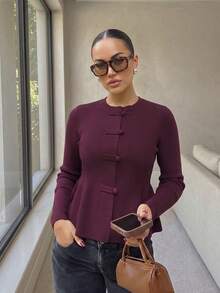 Women's Autumn Set: Vintage Burgundy Chinese Button Knit Cardigan, Round Neck Long Sleeve, Suitable For National Day And New Year - Burgundy - View 11