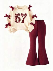 Young Girl Number Print Round Neck Long Sleeve Top And Flared Pants Set - Apricot - View 2