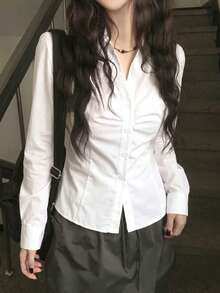 Korean Style Slim Fit Flattering Collar Waist-Cinching Versatile Short Sleeve Shirt - White - View 1