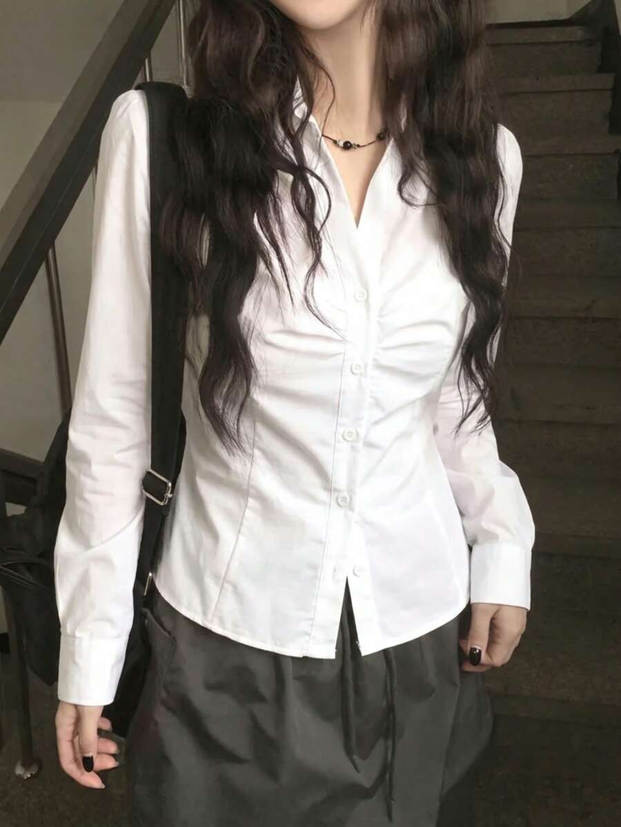 Korean Style Slim Fit Flattering Collar Waist-Cinching Versatile Short Sleeve Shirt - White - View 1