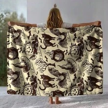 1pc Vintage Halloween Flannel Throw Blanket, Nostalgic Sketch Style Pumpkin Lantern, Witch Hat, Black Cat, Bat, Cauldron And Dead Tree Pattern, Soft And Warm Printed Blanket, Suitable For Sofa, Bed And Halloween Home Decor - Multicolor - View 7