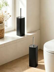 1pc Matte Black Square Toilet Brush Set, Tall Straight Handle Bathroom Cleaning Tool With Base, Modern Rust-Proof Accessory, Random Color And Style - Multicolor - View 8