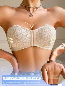 1pc Women's White Underwire Front Closure Lace Bra, Sexy Comfortable Lift Support Push-Up Lingerie, Strapless Bra - Beige - View 5