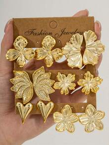 2/12PCS Gold Metal Floral Heart Earring Set, Vintage Embossed Flower Stud Earrings, Versatile For Commute, Vacation, Daily Wear And Dating - Gold - View 5