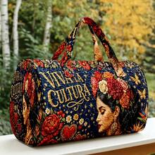 1pc Navy Blue Quilted Cylindrical Handbag, Mexican Style Floral Pattern, Women's Halloween, Thanksgiving, Christmas Gift, Random Print - Multicolor - View 9