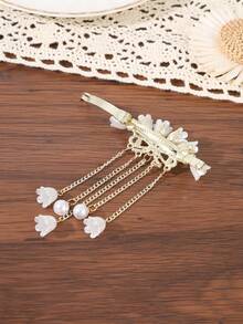 1pc Vintage Lily Of The Valley Pearl Tassel Spring Hair Clip, Hanfu Hair Accessory Side Clip, Gentle Fairy-Like Floral Rhinestone Headpiece - Multicolor - View 7