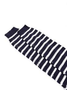 YuwenierPOP Bohemian Style Casual Deep Blue & White Striped Hollow Knit 2-Piece Set, Round Neck Long Sleeve Loose Top With Drawstring Elastic Shorts, Vacation Autumn Campus Style - Navy Blue - View 10