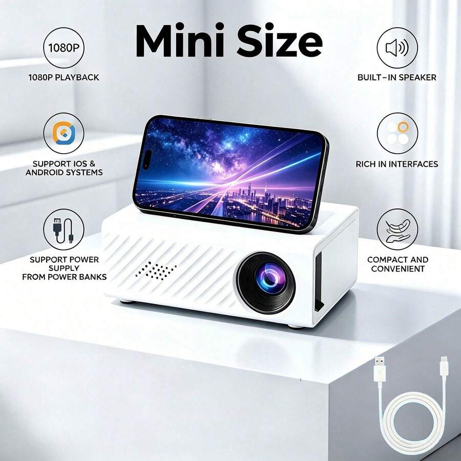 MOMAN Mini Portable Full HD Projector | Wired Connection Only, No WiFi And Bluetooth, Built-In Speaker + Remote Control, Wired Phone Connection, Multi-Country Plug, Suitable For Home And Travel