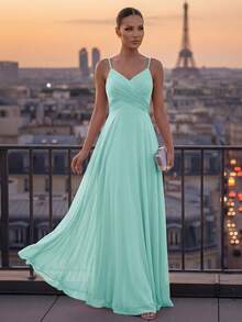 EVERPRETTY Wedding Guest Mist Color Bridesmaid Dress, Backless Spaghetti Strap Maxi Dress, Elegant Flowy Chiffon Material Fall - Cadet Blue - View 4