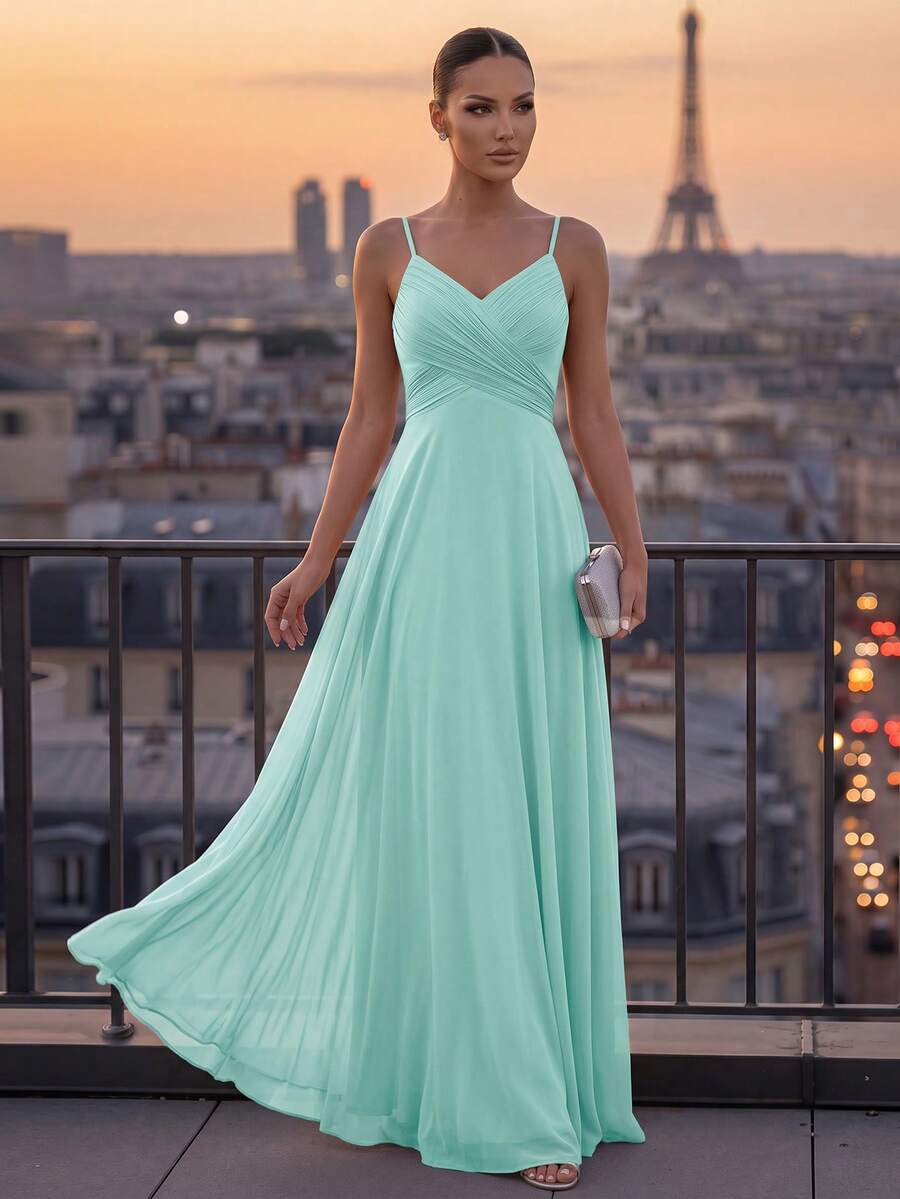 EVERPRETTY Wedding Guest Mist Color Bridesmaid Dress, Backless Spaghetti Strap Maxi Dress, Elegant Flowy Chiffon Material Fall