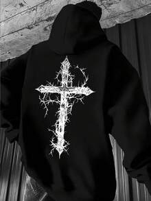 Men's Fashionable Hooded Sweatshirt – Black Printed Hoodie With Thorny Cross Graphic, Oversized Pullover Streetwear, - Black - View 2