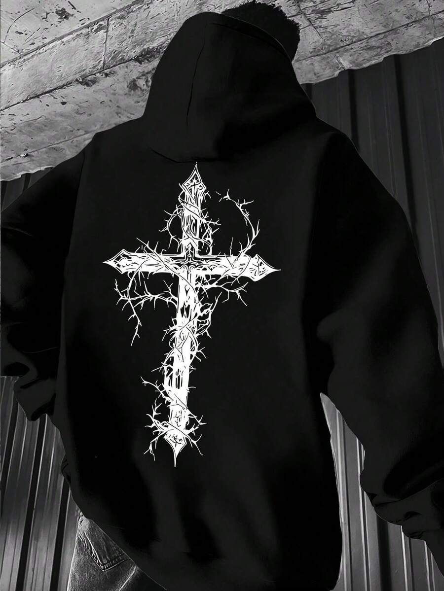 Men's Fashionable Hooded Sweatshirt – Black Printed Hoodie With Thorny Cross Graphic, Oversized Pullover Streetwear,