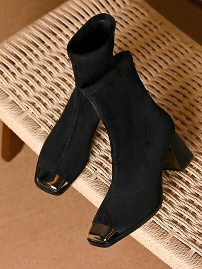 French Style Steel Toe Thick Heel Ankle Boots For Women, 2026 Autumn/Winter New Sexy Square Toe Slim Fit Elastic Ankle Boots