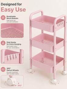 1pc 3-Tier Large Capacity Mobile Storage Cart, Storage Rack, Trolley, Metal Thickened Frame Pink Minimalist Style, With Handle, Hooks, Universal Wheels, Hollow Drainage Storage Basket, Snack, Miscellaneous, Skincare Product Storage Rack, Suitable For Bedroom, Office, Living Room, Kitchen, Bathroom, Dorm, Rental Apartment Daily Home Storage - Multicolor - View 6