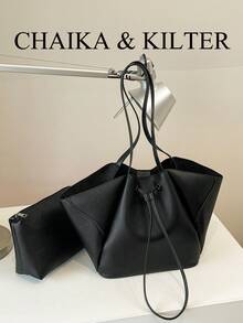CHAIKA & KILTER 2pcs Solid Color PU Fabric Shoulder Bag Women's Casual Large Capacity Tote Bag BOOK Bag Double Handle Design Magnetic Closure Suitable For Travel, Shopping, Dating, Women's Gift, Suitable For Teenage Girls, College Students, Beginners And White-Collar Workers, Perfect For Office, Campus, Work, Business, Commute, Outdoor, Travel, Outing - Black - View 5