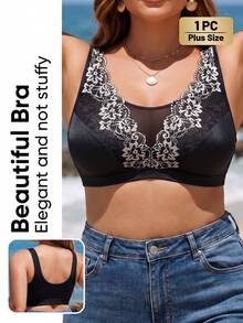 MEIYATING 1pc Plus Size Full Coverage Wireless Floral Lace Romantic Elegant Contrast Color Push Up Bra For Daily Wear - Black - View 4