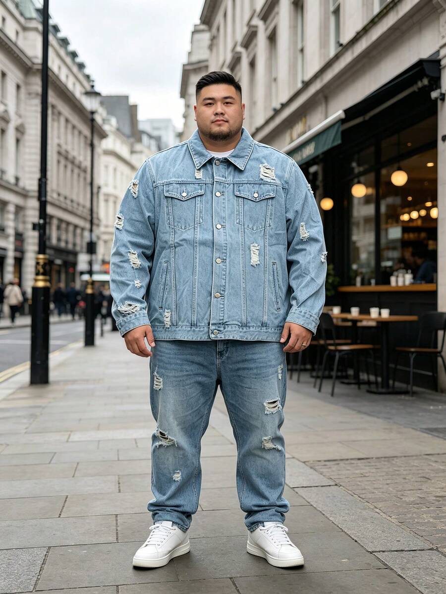 Men Denim Jacket Loose Plus Size Light Blue Ripped Distressed Long Sleeve Button Front Coat With Chest Pockets Casual Streetwear Outerwear - Baby Blue - View 1