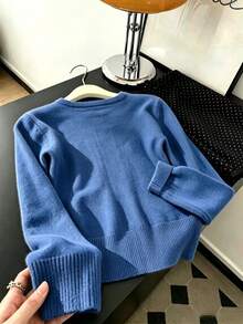 Soft Heart Embroidered Round Neck Knit Cardigan - Light Blue - View 2