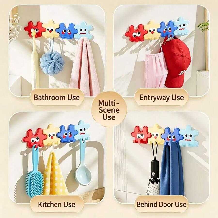 Cute Puzzle Toothbrush Holder Wall Hook, Self-Adhesive No-Drill Wall Mount Storage Rack, Multi-Function Cartoon Storage Rack, Suitable For Toothbrush, Towel, Hat, Mask, Bathroom Kitchen Entryway Home Decor - Multicolor - View 1