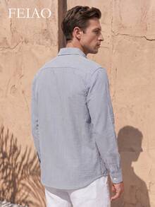 FEIAO Men's Vintage Style Blue & White Striped Long Sleeve Shirt, Fashionable & Versatile, Suitable For Commuting And Formal Occasions - Blue and White - View 2