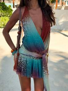 Women's Summer Fashion Sexy Wild Leopard Print Colorblock Mini Dress, Deep V Back Cutout Halter Neck Tie Elegant Vacation - Teal Blue - View 2