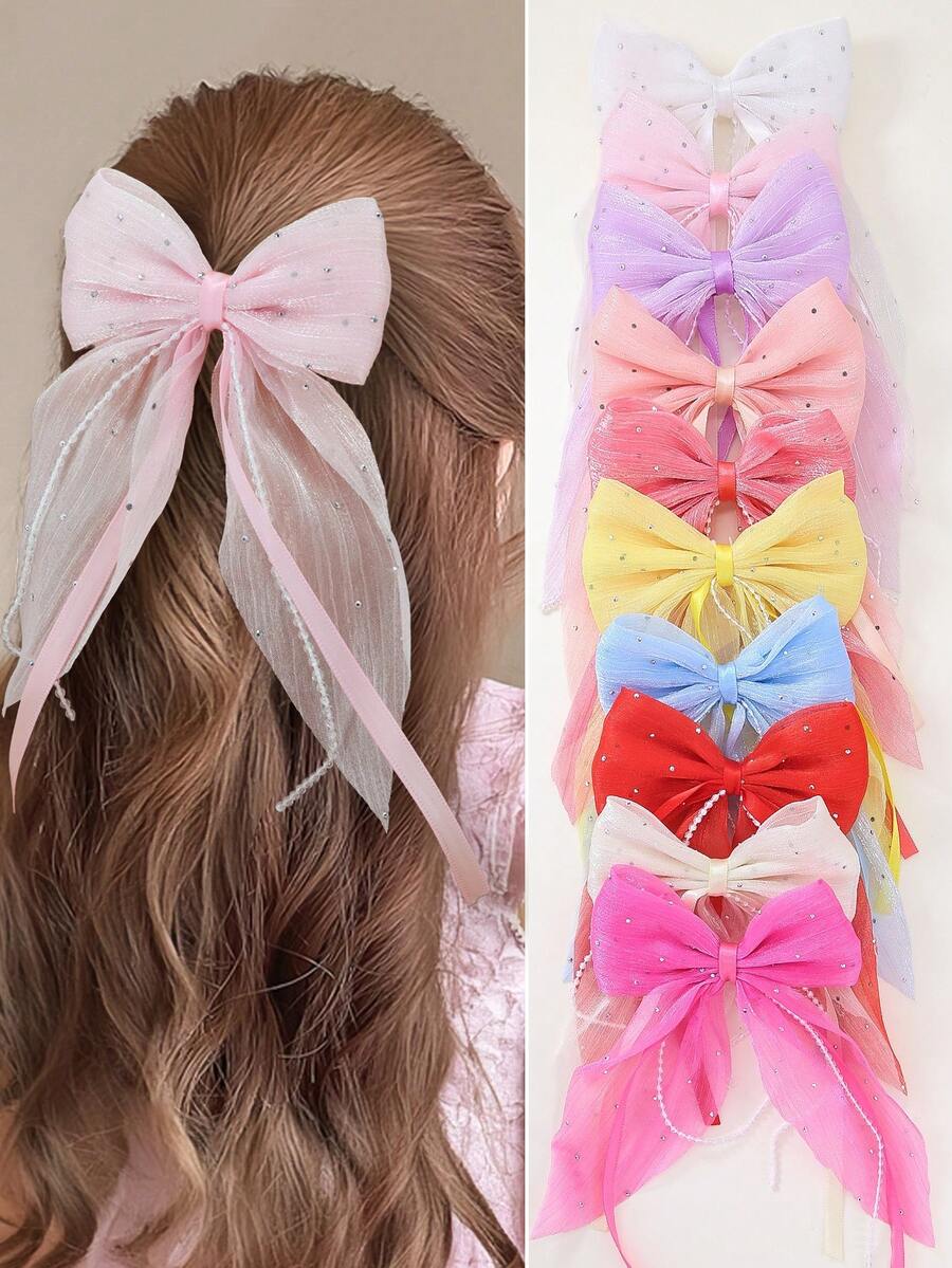 10pcs Girls Solid Color Mesh Chiffon Bow Hair Clips With Pearl Chain, Children Hair Accessories Top Clip Back Clip Side Clip Alligator Hair Clip For Daily Use - Multicolor - View 1