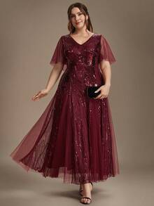 EVERPRETTY Plus Size Elegant Luxury Glamorous Party Heavy Embellished Floral Sequin Mesh Patchwork Burgundy Formal Evening Gown For Evening Party Wedding Guest - Burgundy - View 3