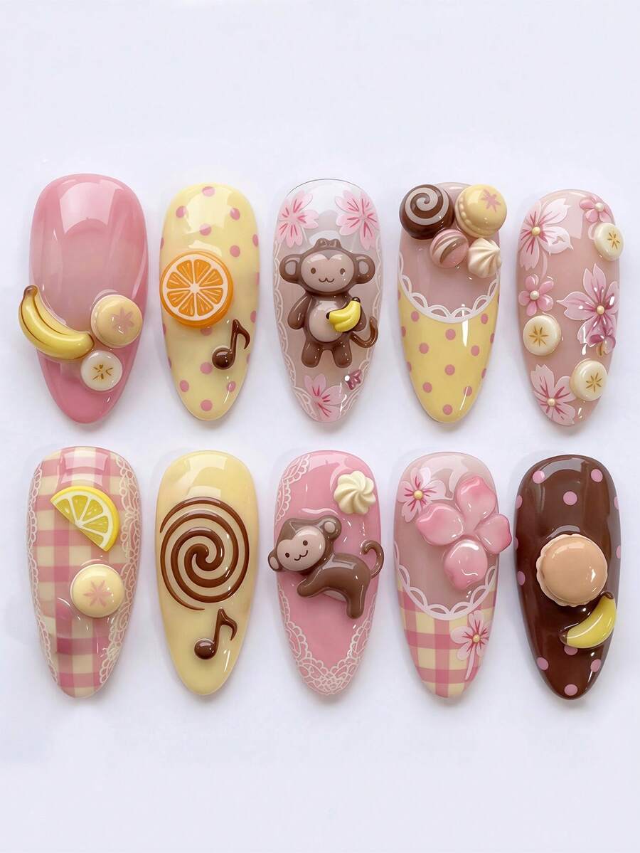 10pcs Almond Press On Nails Sweet Girl Style Macaron Color Creamy 3D ...