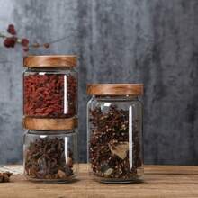 Round Glass Storage Jar With Rosewood Lid, Household Kitchen Spice/Cumin Storage Bottle - Round Acacia Wood Storage Bottle - View 6