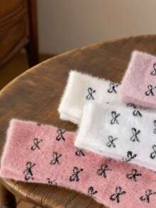 5 Pairs Autumn/Winter Mink Fur Bow Mid-Calf Socks For Girls, Soft Plush Fleece Thickened Home Sleep Socks, Skin-Friendly Warm And Breathable, Multiple Colors Available, Fuzzy Soft Heat Retention, Cold Protection For Feet, Gentle Color Palette With Cozy Atmosphere - Multicolor - View 5