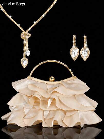 3-Piece Evening Jewelry Set, Rhinestone Pendant Necklace, Earrings, Paired With Elegant Floral Bud Clutch Bag, Silky Women's Shoulder Bag Party Bag, Matching Women's Silk Wedding Dress, Party Evening Gown, Suitable For Weddings, Evening Parties, Gatherings