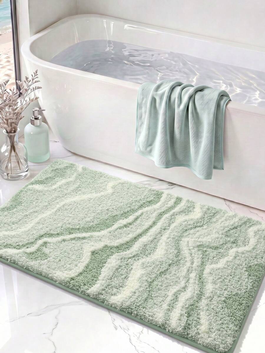1pc Bathroom Floor Mat Carpet, Fluffy Geometric Textured Green Rug With TPR Non-Slip Backing, Suitable For Kitchen, Outdoor, Indoor, Hallway, Bedroom, Living Room, Bedside, Machine Washable And Easy To Clean, Autumn Holiday Decor Bathroom Carpet