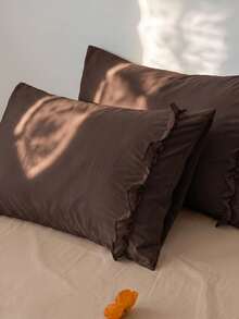 1pc/2pcs Solid Coffee Color Pillowcase With A Bow And Ruffle Trim (Without Insert), Comfortable And Breathable Polyester Fiber Suitable For All Seasons, Home Decoration, Simple Classic, Cozy Bedding, Neutral Decor, Ruffle Accent, Versatile Home - Mocha Brown - View 8