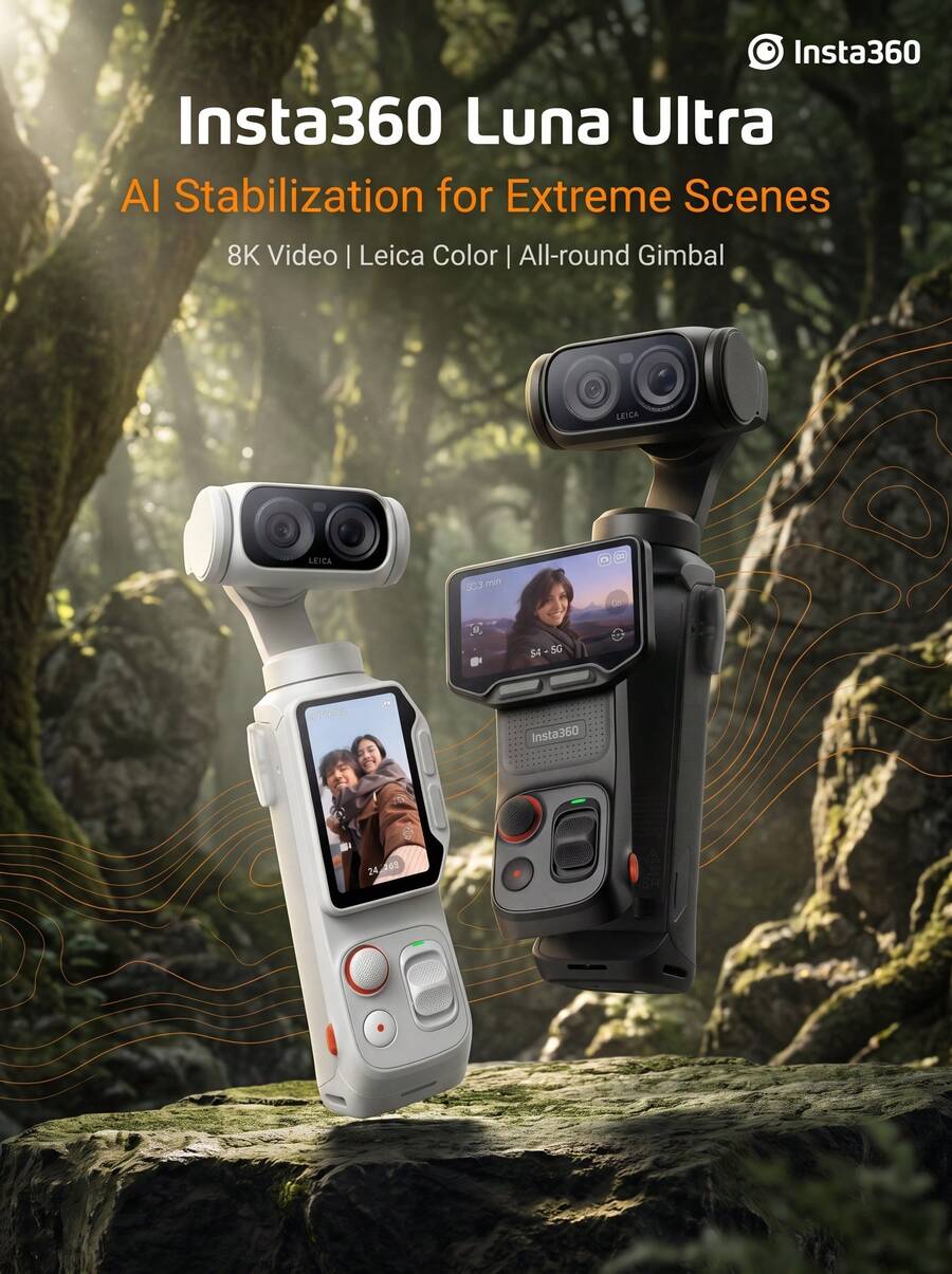 Insta360 Kamera Luna Ultra-8K Vlog memiliki lensa ganda , zoom optik 12x, sensor 1 inci, layar sentuh 2 inci yang dapat dilepas, chip AI tiga kali lipat, dan gimbal berukuran saku, sempurna untuk vlogging (baru, hanya diaktifkan). - View 1